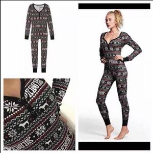 Victoria’s Secret PINK Black Fair Isle Long Jane Thermal Onesie Pajamas Sz M